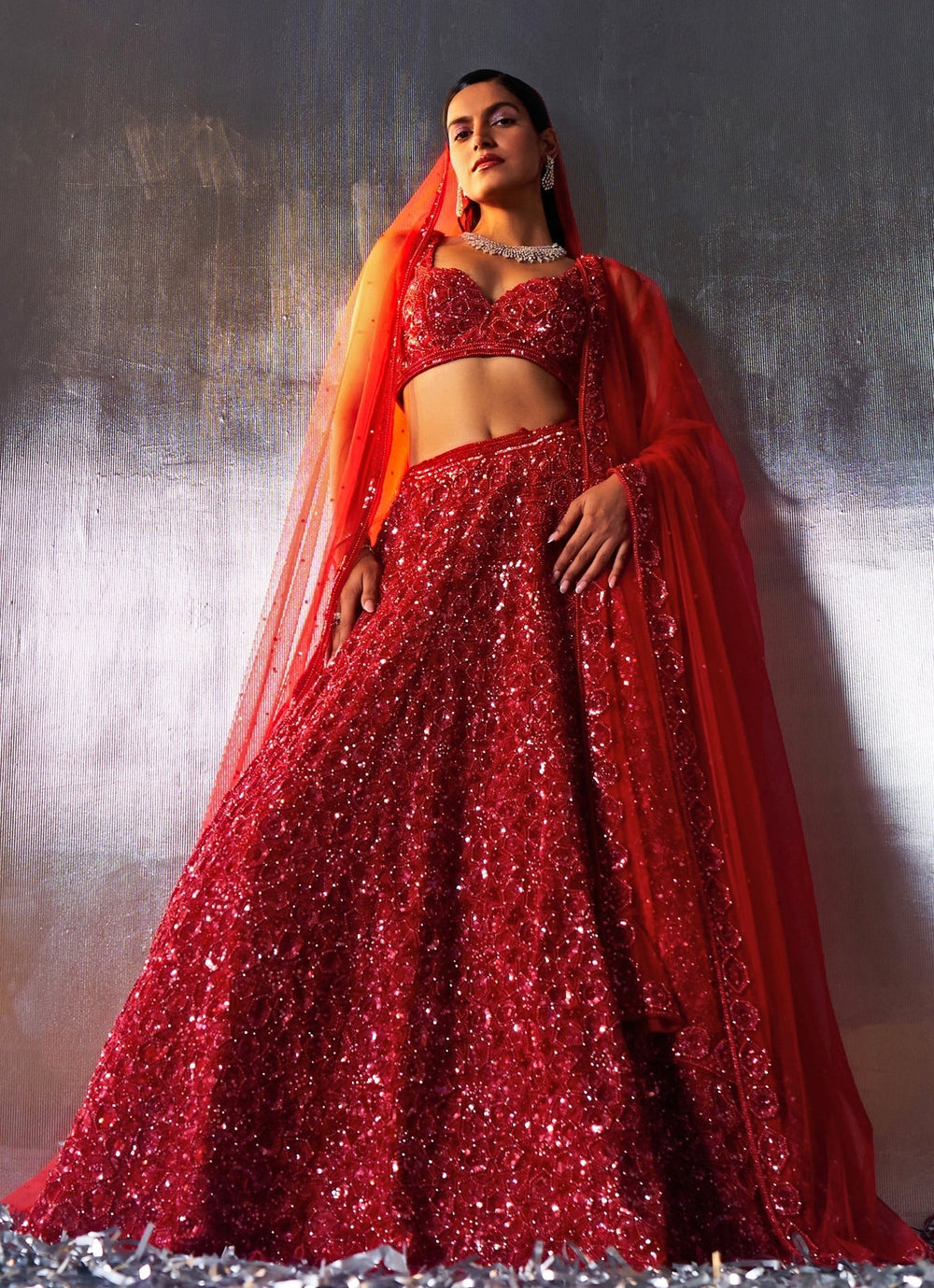 Red Sequins Embroidered Bridal Lehenga Angad Singh - Fabilicious Fashion