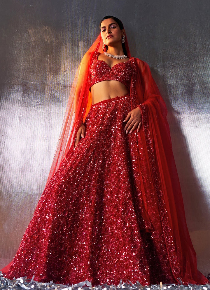 Red Sequins Embroidered Bridal Lehenga Angad Singh - Fabilicious Fashion
