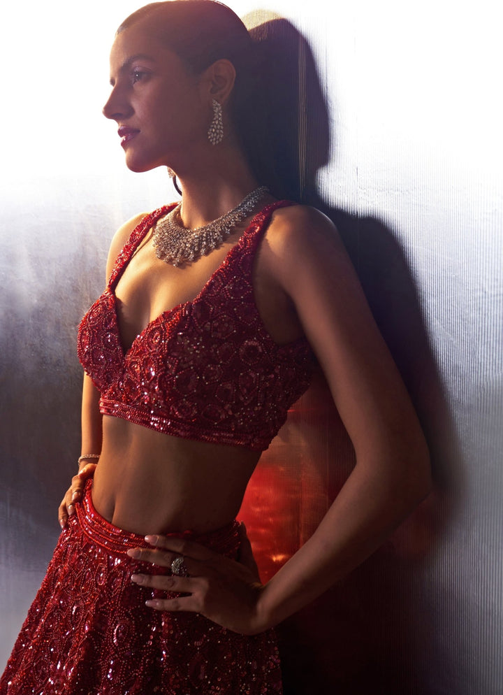 Red Sequins Embroidered Bridal Lehenga Angad Singh - Fabilicious Fashion