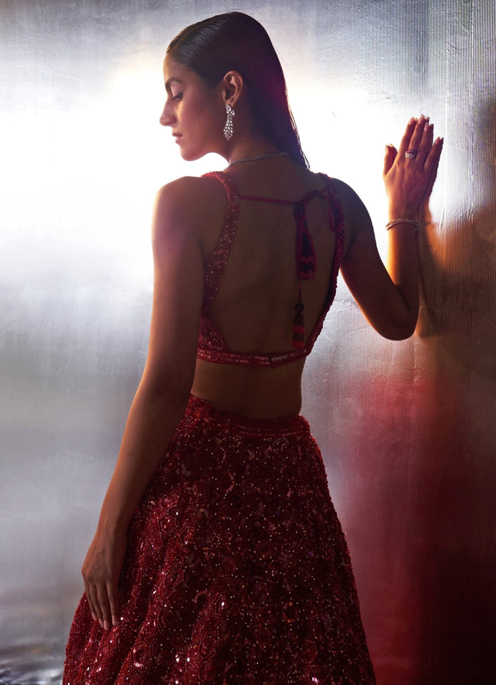 Red Sequins Embroidered Bridal Lehenga Angad Singh - Fabilicious Fashion