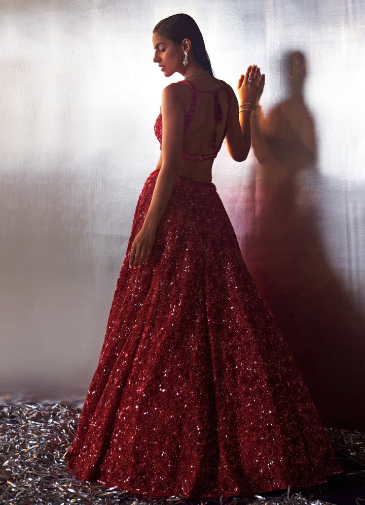 Red Sequins Embroidered Bridal Lehenga Angad Singh - Fabilicious Fashion