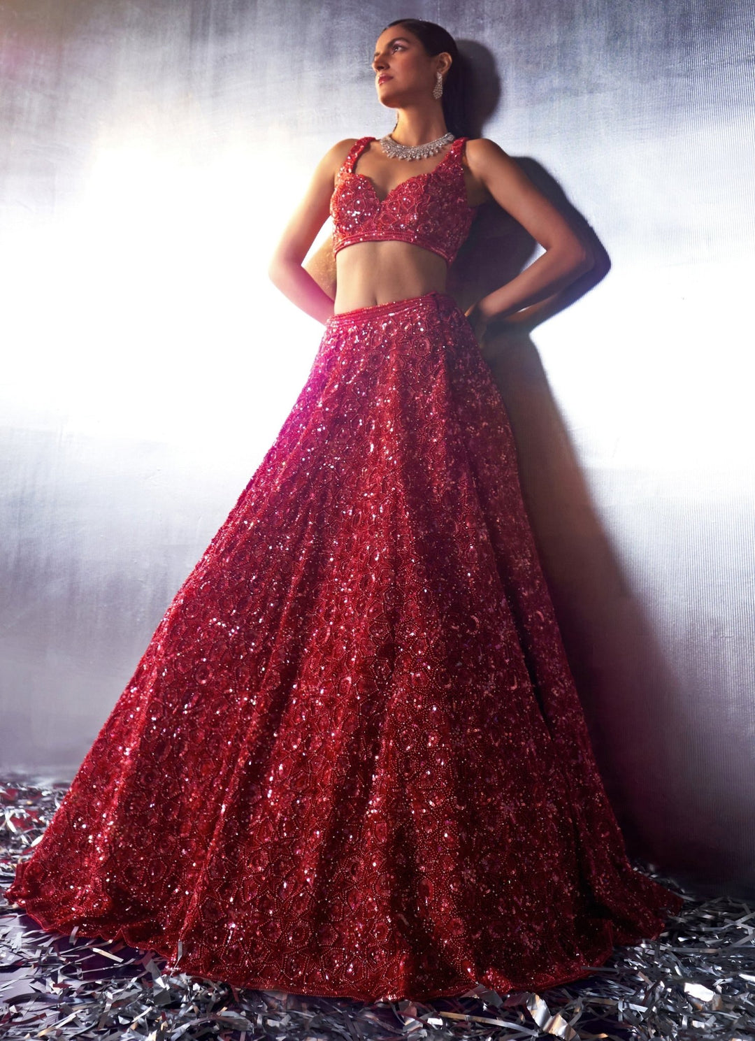 Red Sequins Embroidered Bridal Lehenga Angad Singh - Fabilicious Fashion