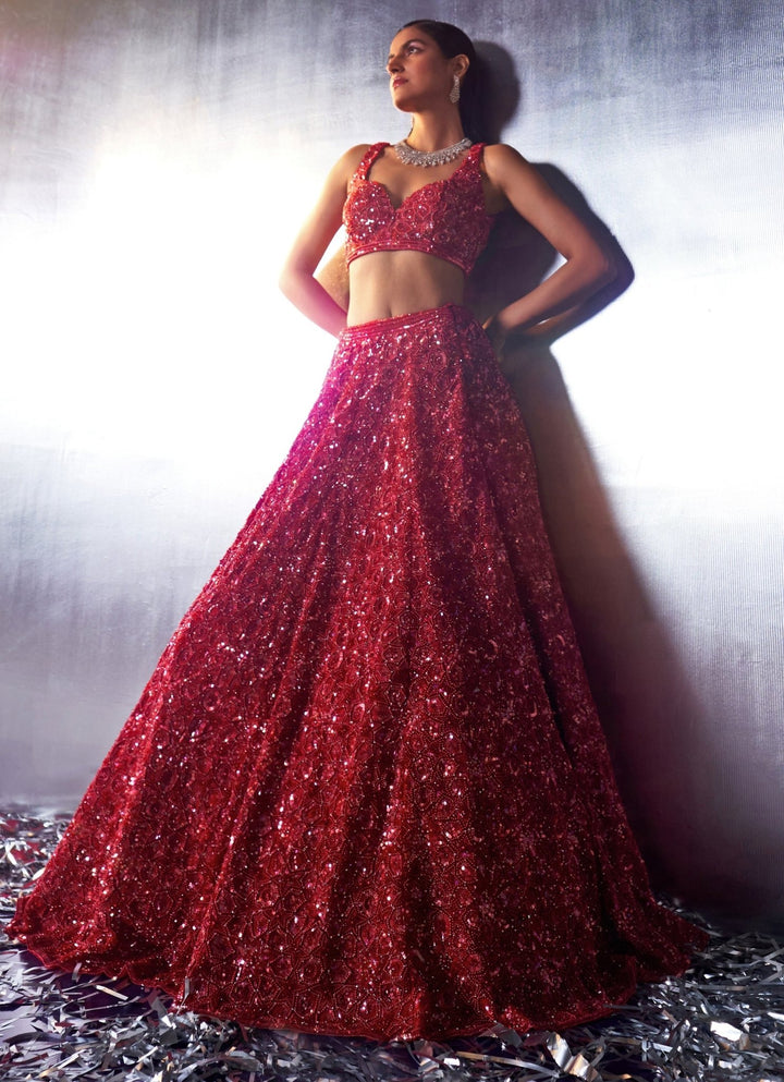 Red Sequins Embroidered Bridal Lehenga Angad Singh - Fabilicious Fashion