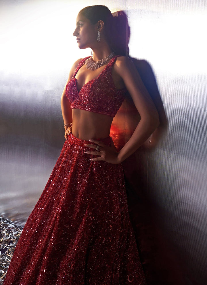 Red Sequins Embroidered Bridal Lehenga Angad Singh - Fabilicious Fashion