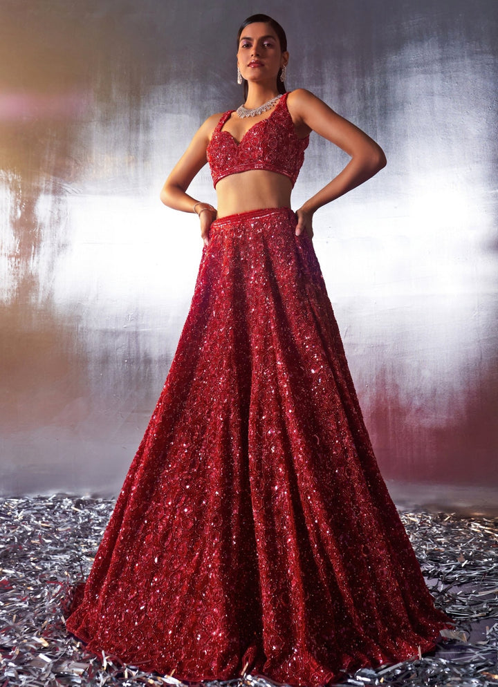 Red Sequins Embroidered Bridal Lehenga Angad Singh - Fabilicious Fashion