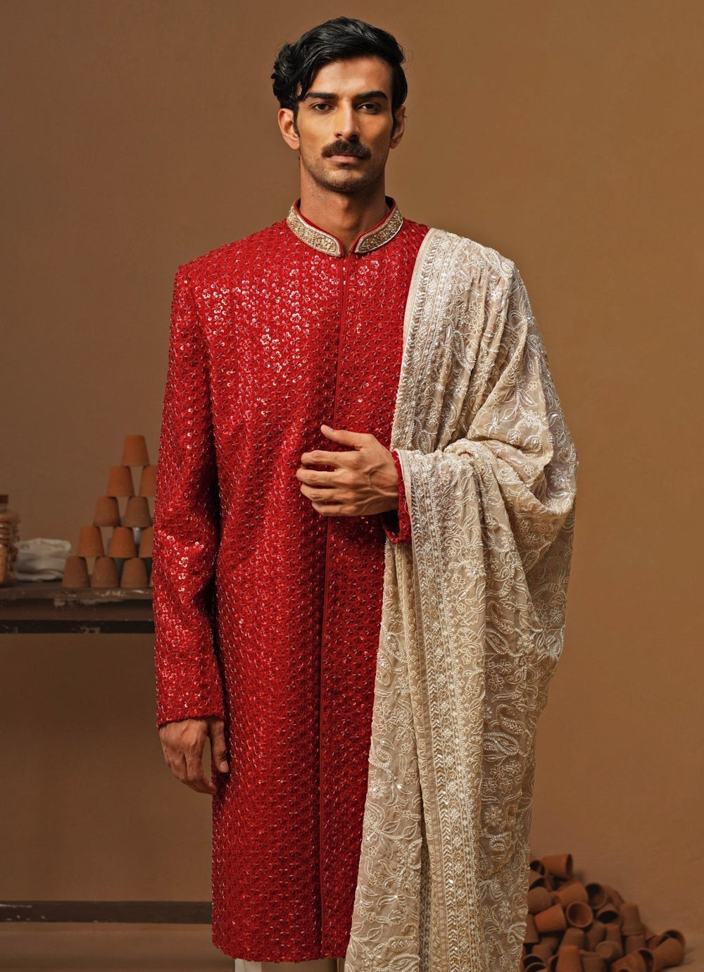 Kalpraag Red Shimmer Georgette Sherwani SetFabilicious Fashion