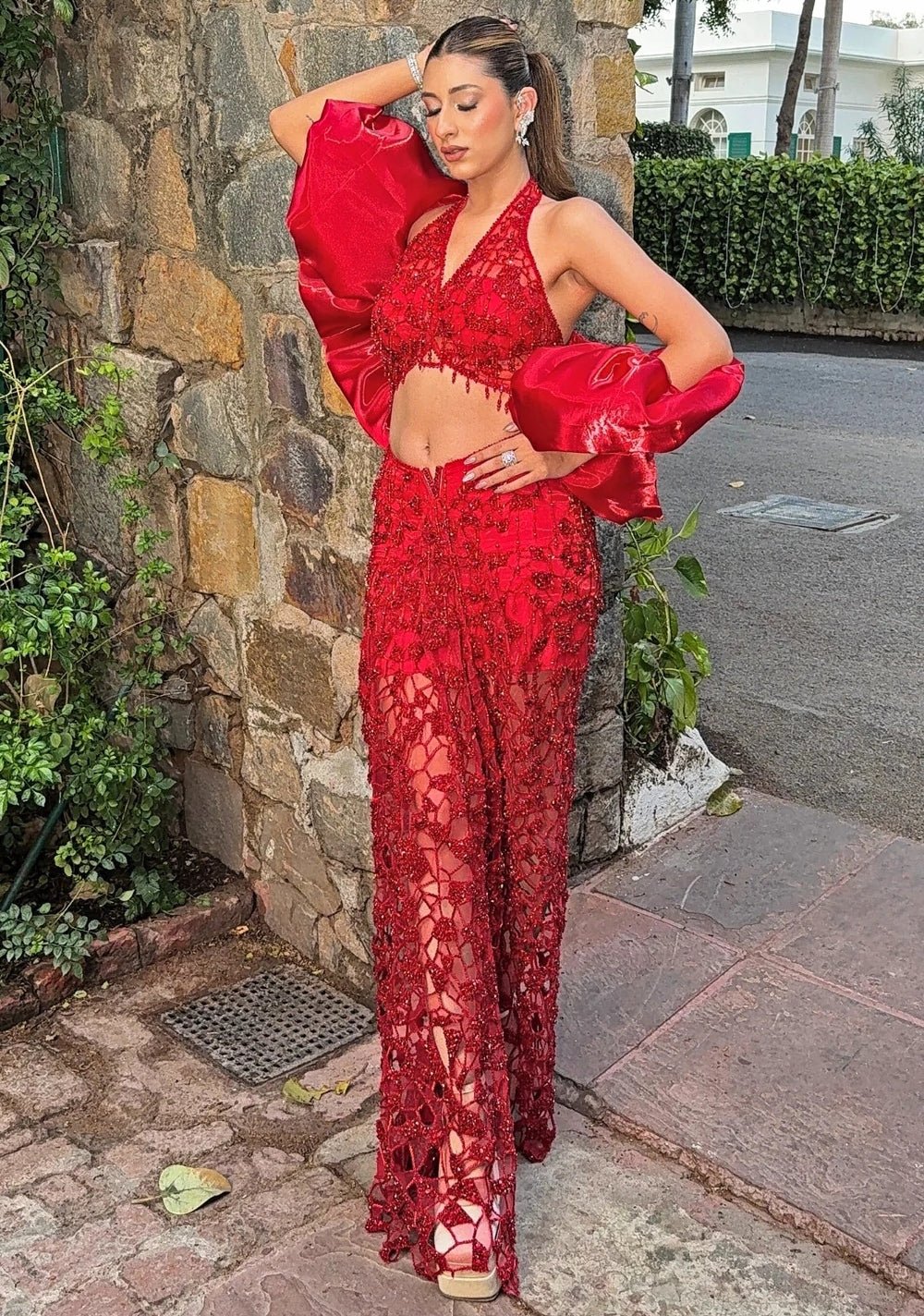 Moledro Red Shimmer Organza Skirt Set With CapeFabilicious Fashion