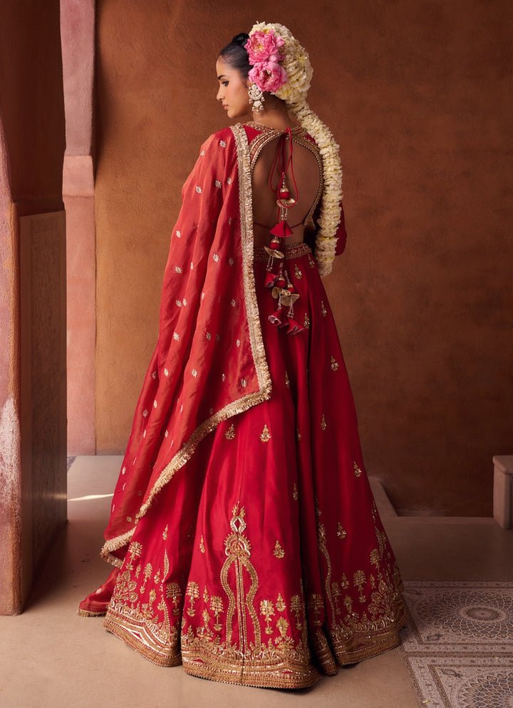 Red Silk Embroidered Lehenga Set KAPDA DORI - Fabilicious Fashion