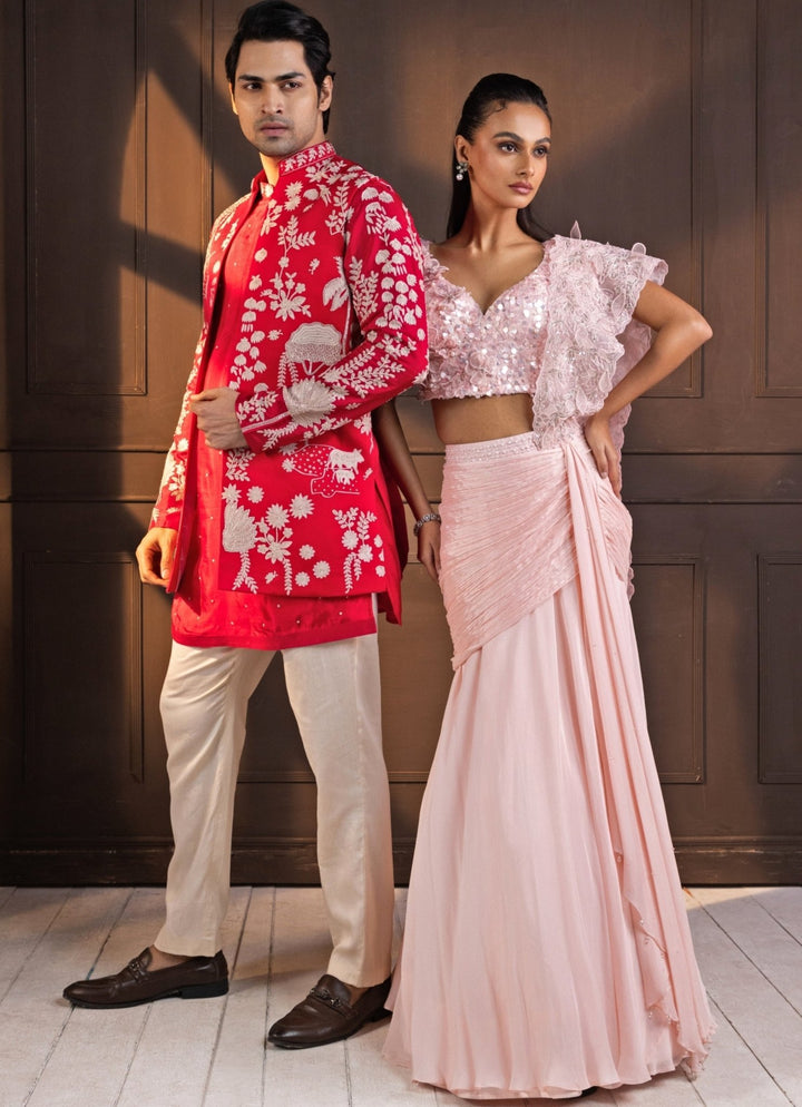 Red Silk Embroidered Nehru Jacket and Kurta Pant Set Smriti - Fabilicious Fashion