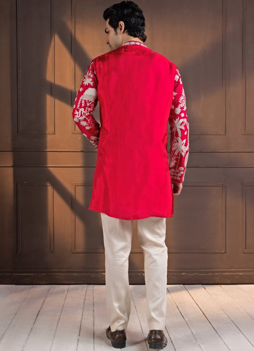 Red Silk Embroidered Nehru Jacket and Kurta Pant Set Smriti - Fabilicious Fashion