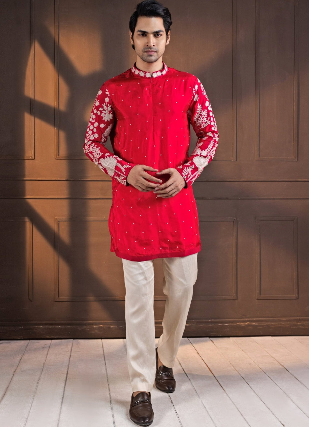 Red Silk Embroidered Nehru Jacket and Kurta Pant Set Smriti - Fabilicious Fashion