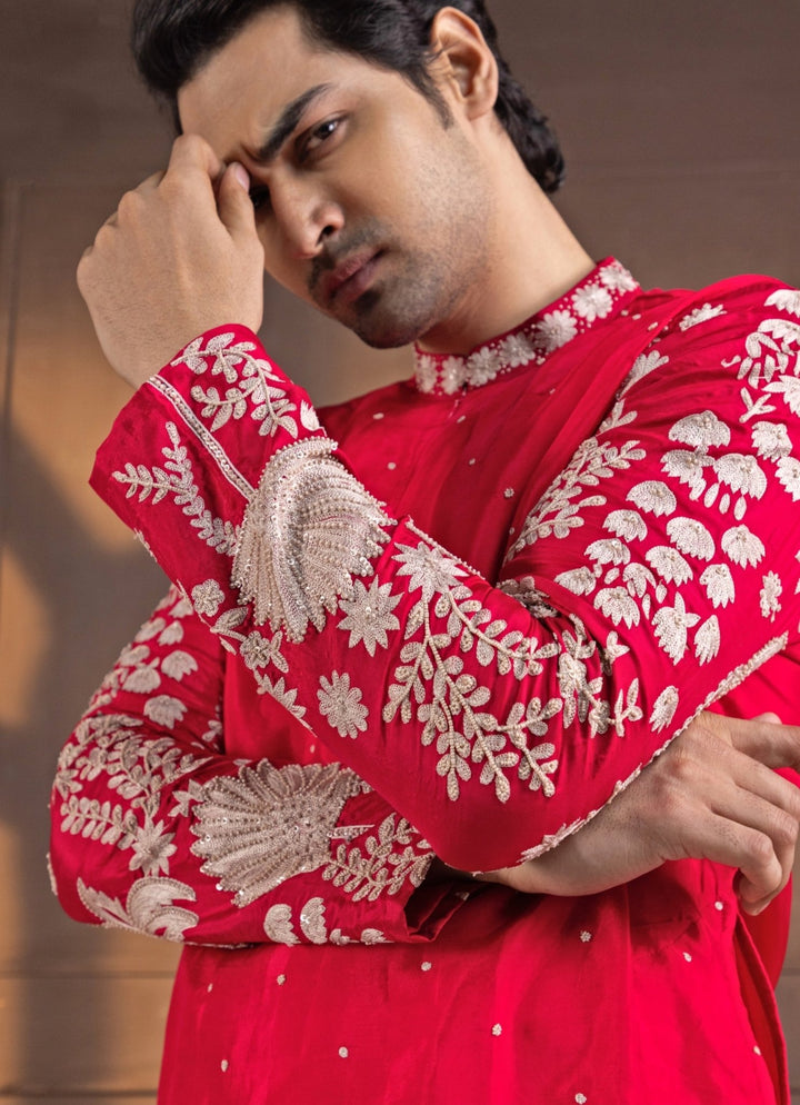 Red Silk Embroidered Nehru Jacket and Kurta Pant Set Smriti - Fabilicious Fashion