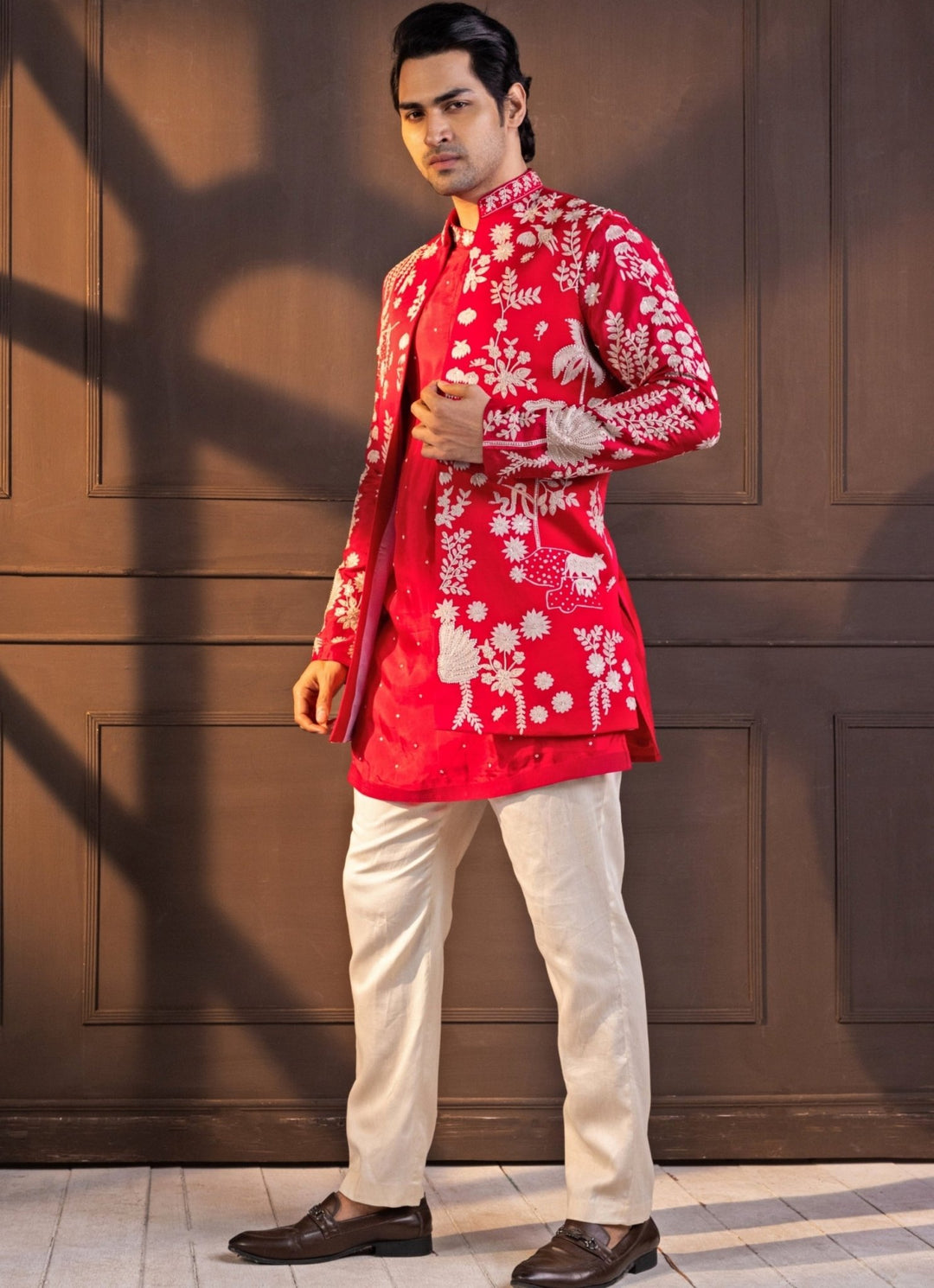 Red Silk Embroidered Nehru Jacket and Kurta Pant Set Smriti - Fabilicious Fashion