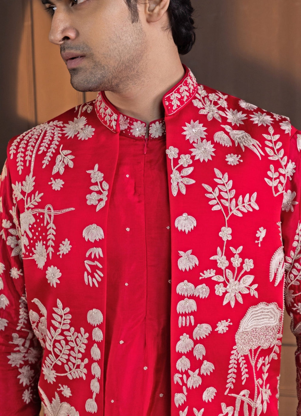 Red Silk Embroidered Nehru Jacket and Kurta Pant Set Smriti - Fabilicious Fashion