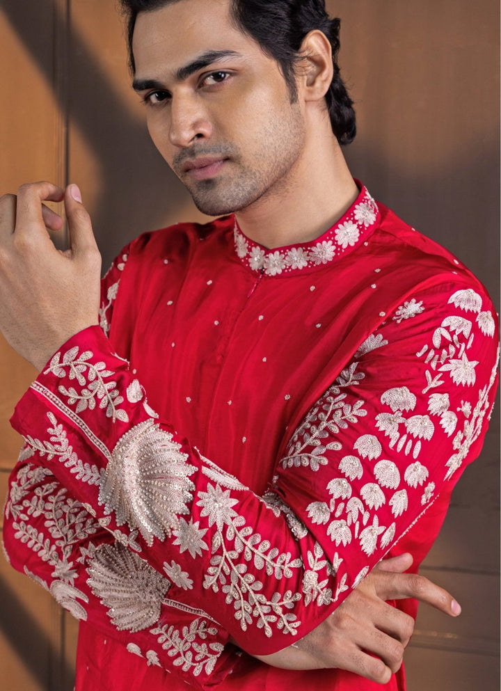 Red Silk Embroidered Nehru Jacket and Kurta Pant Set Smriti - Fabilicious Fashion
