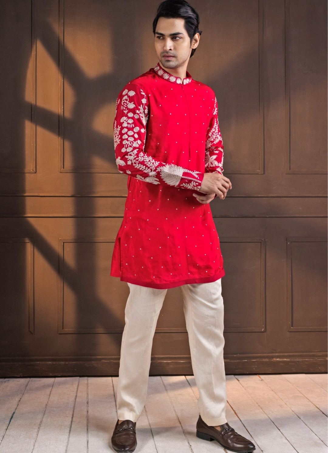 Red Silk Embroidered Nehru Jacket and Kurta Pant Set Smriti - Fabilicious Fashion