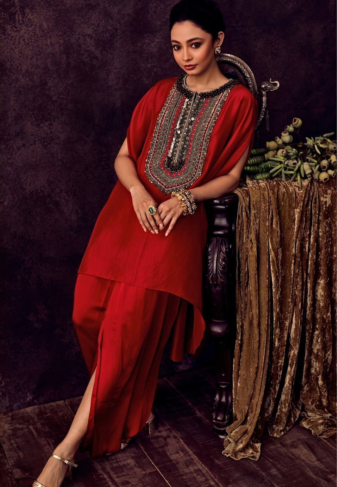 Prisho Red Silk Kaftan Dhoti SetFabilicious Fashion