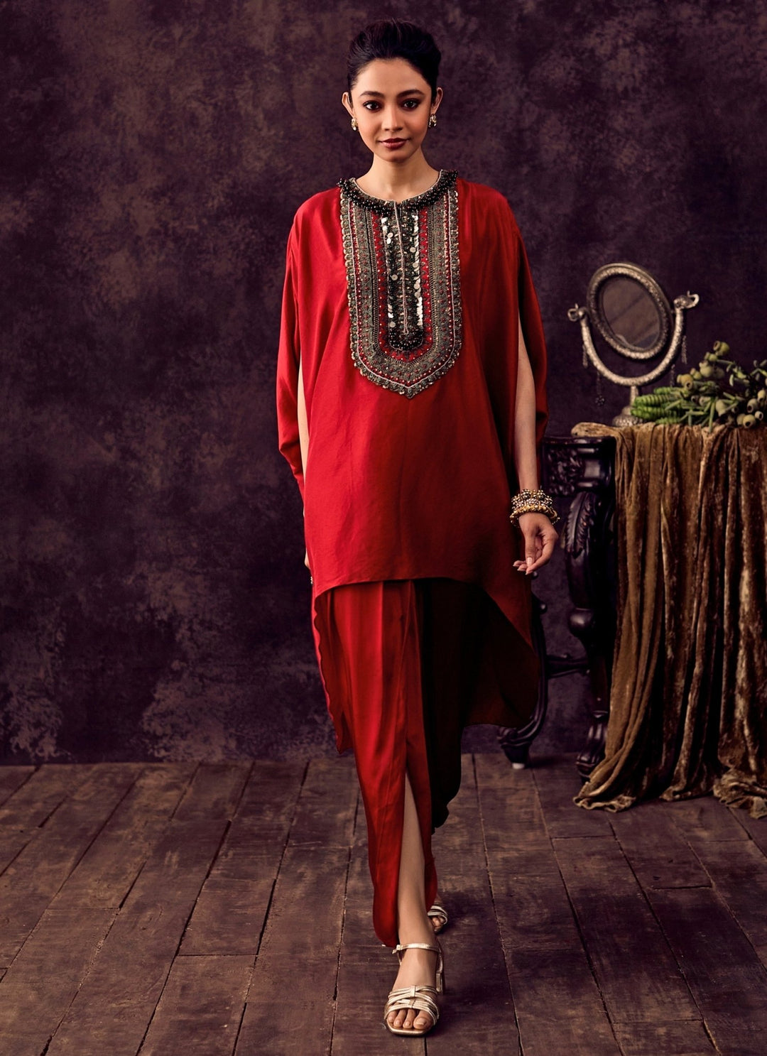 Prisho Red Silk Kaftan Dhoti SetFabilicious Fashion