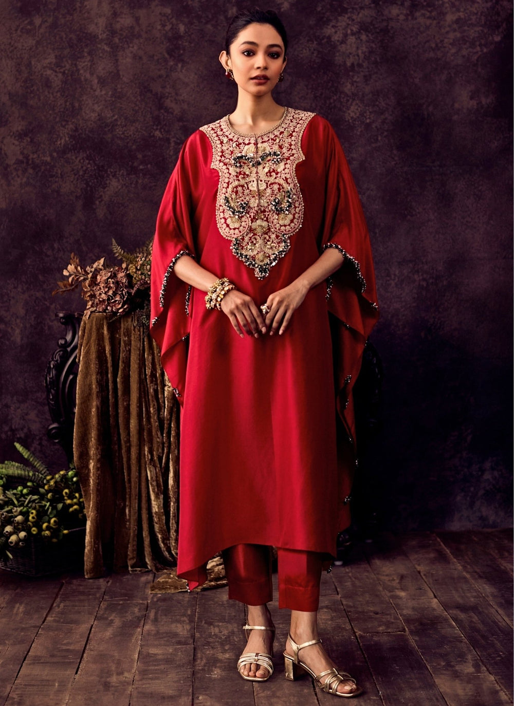 Prisho Red Silk Kaftan With Dhoti PantsFabilicious Fashion