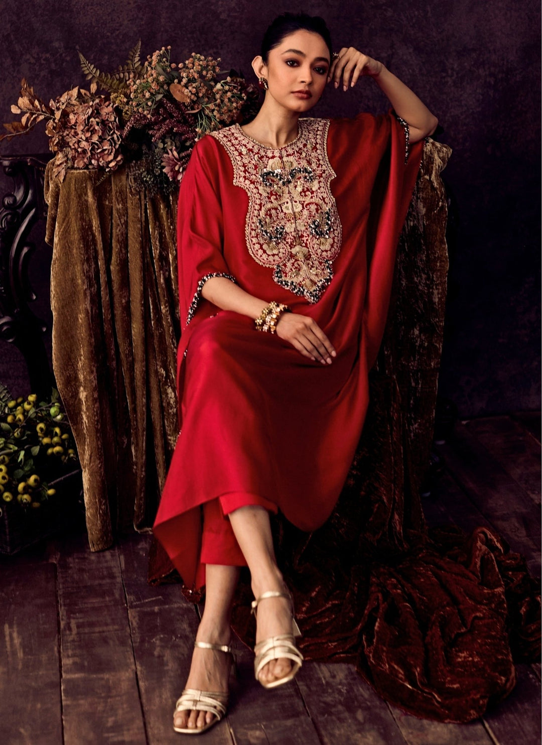 Prisho Red Silk Kaftan With Dhoti PantsFabilicious Fashion