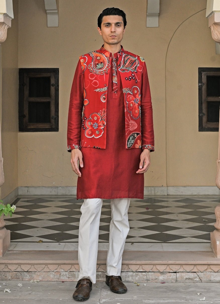 Red Silk Kurta Pants Set with Embroidered Bundi Juhi Bengani - Men - Fabilicious Fashion