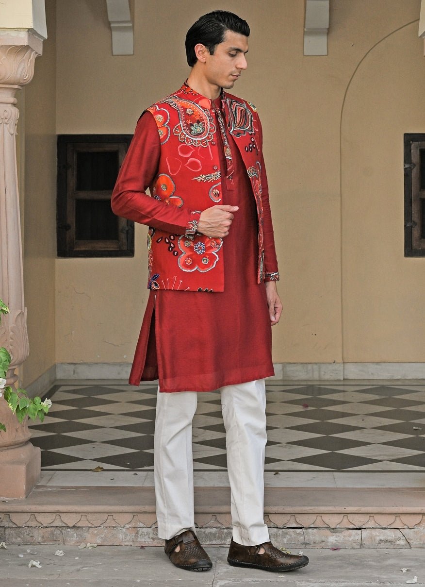 Red Silk Kurta Pants Set with Embroidered Bundi Juhi Bengani - Men - Fabilicious Fashion