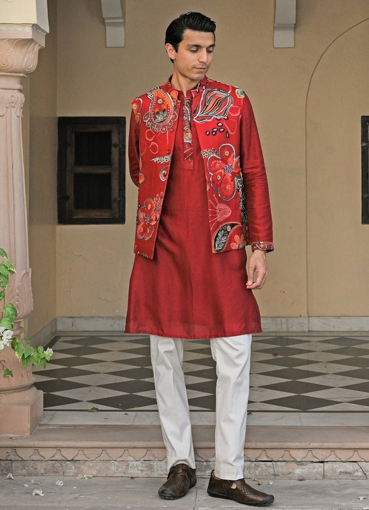 Red Silk Kurta Pants Set with Embroidered Bundi Juhi Bengani - Men - Fabilicious Fashion