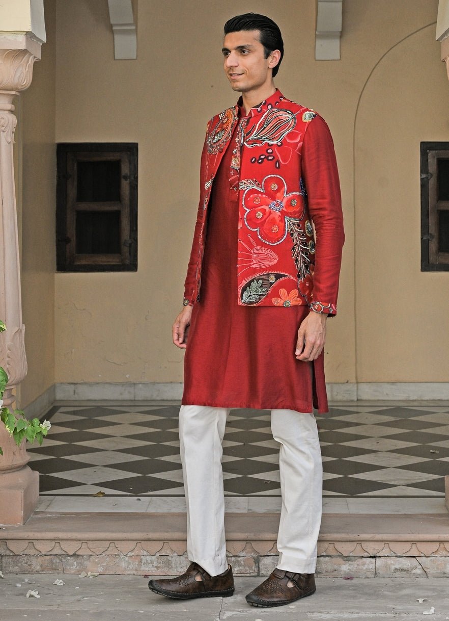 Red Silk Kurta Pants Set with Embroidered Bundi Juhi Bengani - Men - Fabilicious Fashion