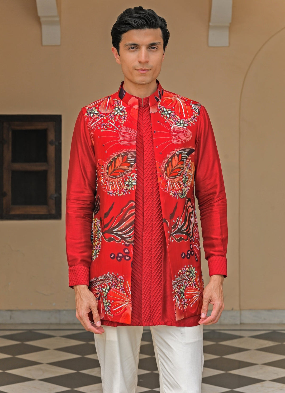 Red Silk Kurta Set with Mirrorwork Bundi Juhi Bengani - Men - Fabilicious Fashion