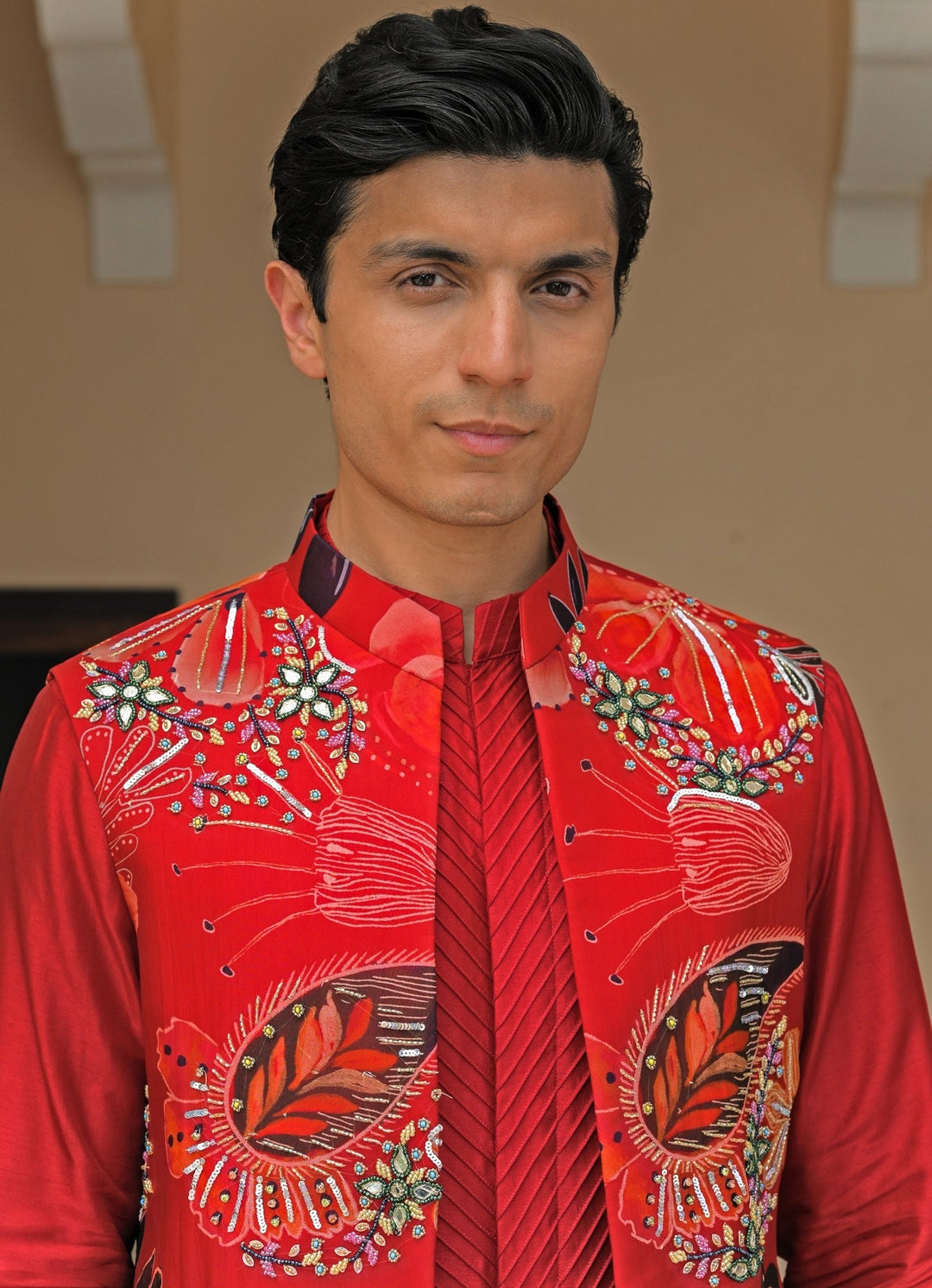 Red Silk Kurta Set with Mirrorwork Bundi Juhi Bengani - Men - Fabilicious Fashion