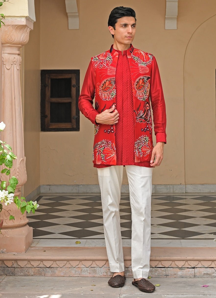 Red Silk Kurta Set with Mirrorwork Bundi Juhi Bengani - Men - Fabilicious Fashion