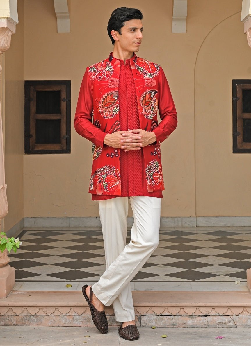 Red Silk Kurta Set with Mirrorwork Bundi Juhi Bengani - Men - Fabilicious Fashion