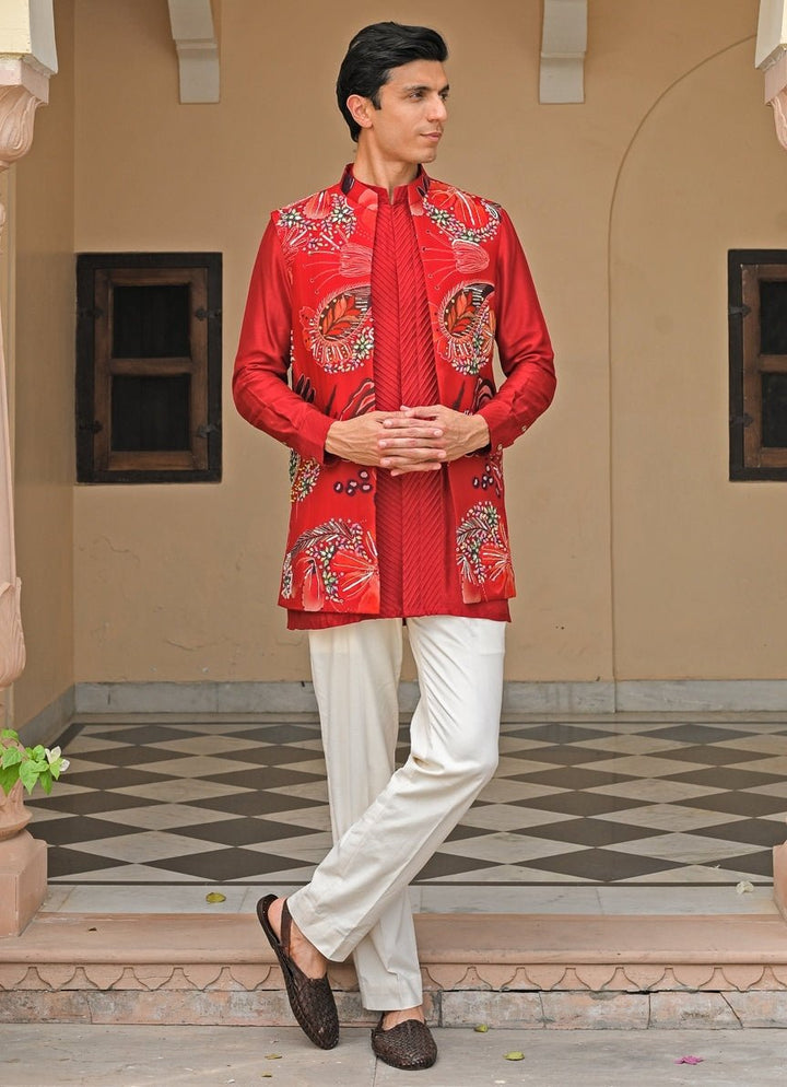Red Silk Kurta Set with Mirrorwork Bundi Juhi Bengani - Men - Fabilicious Fashion