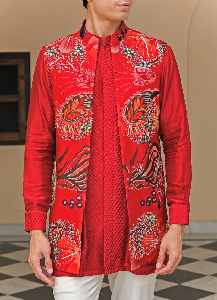 Red Silk Kurta Set with Mirrorwork Bundi Juhi Bengani - Men - Fabilicious Fashion