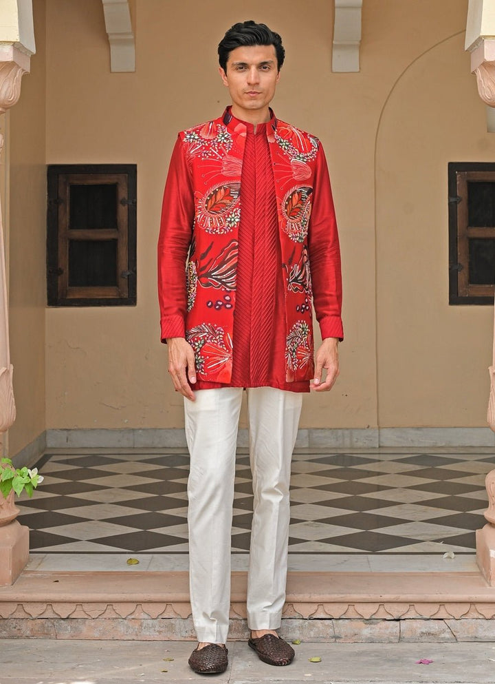 Red Silk Kurta Set with Mirrorwork Bundi Juhi Bengani - Men - Fabilicious Fashion