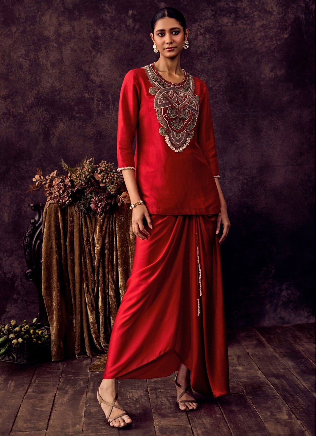 Prisho Red Silk Kurta With Drape Skirt SetFabilicious Fashion