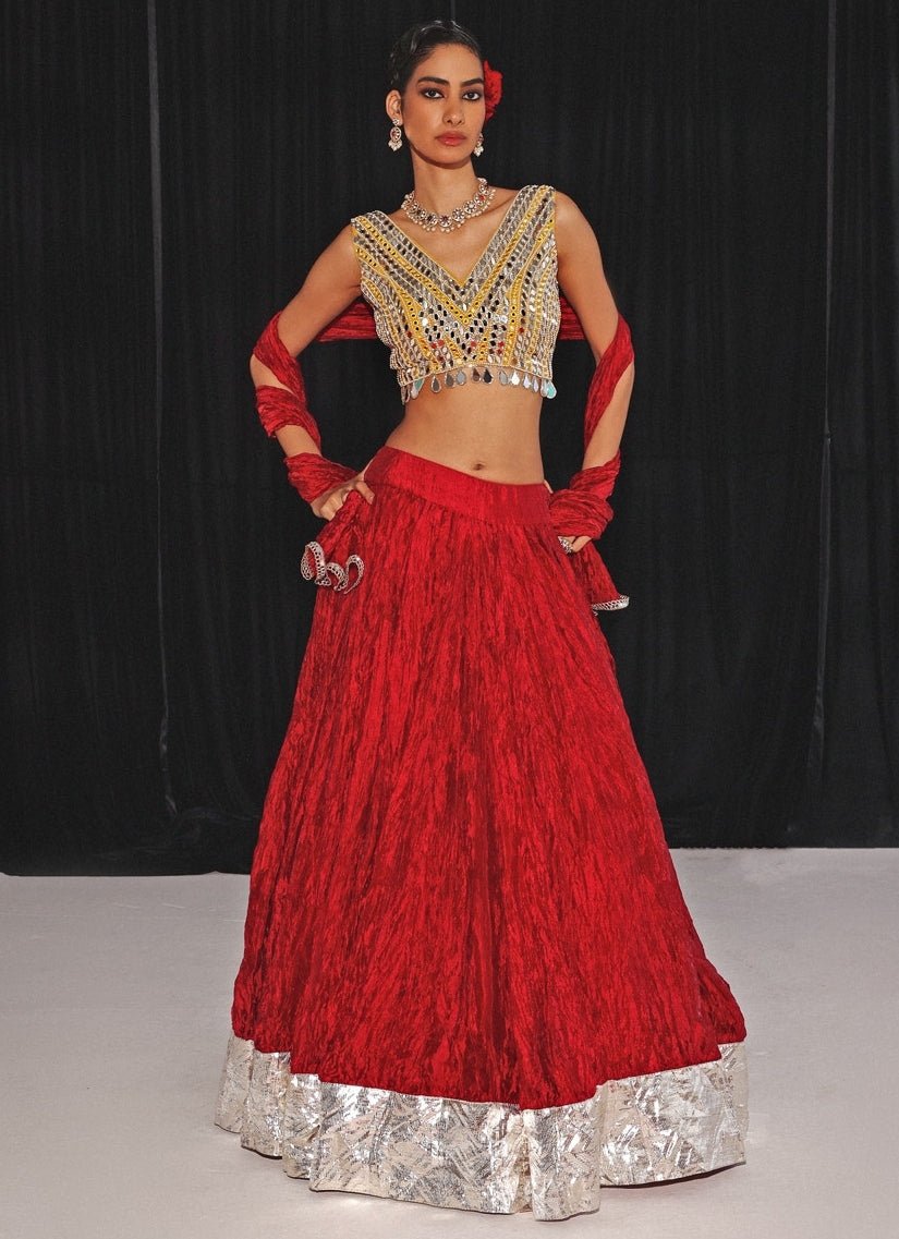 Red Silk Lehenga Set With Mirrorwork Blouse Twenty Nine - Fabilicious Fashion