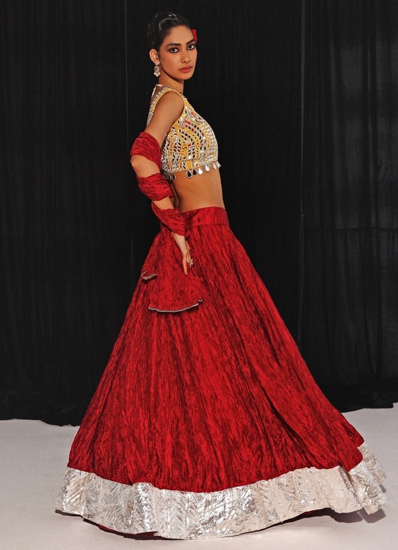 Red Silk Lehenga Set With Mirrorwork Blouse Twenty Nine - Fabilicious Fashion