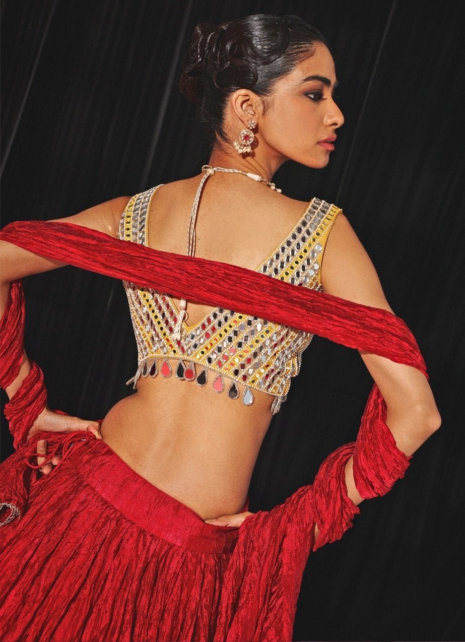 Red Silk Lehenga Set With Mirrorwork Blouse Twenty Nine - Fabilicious Fashion