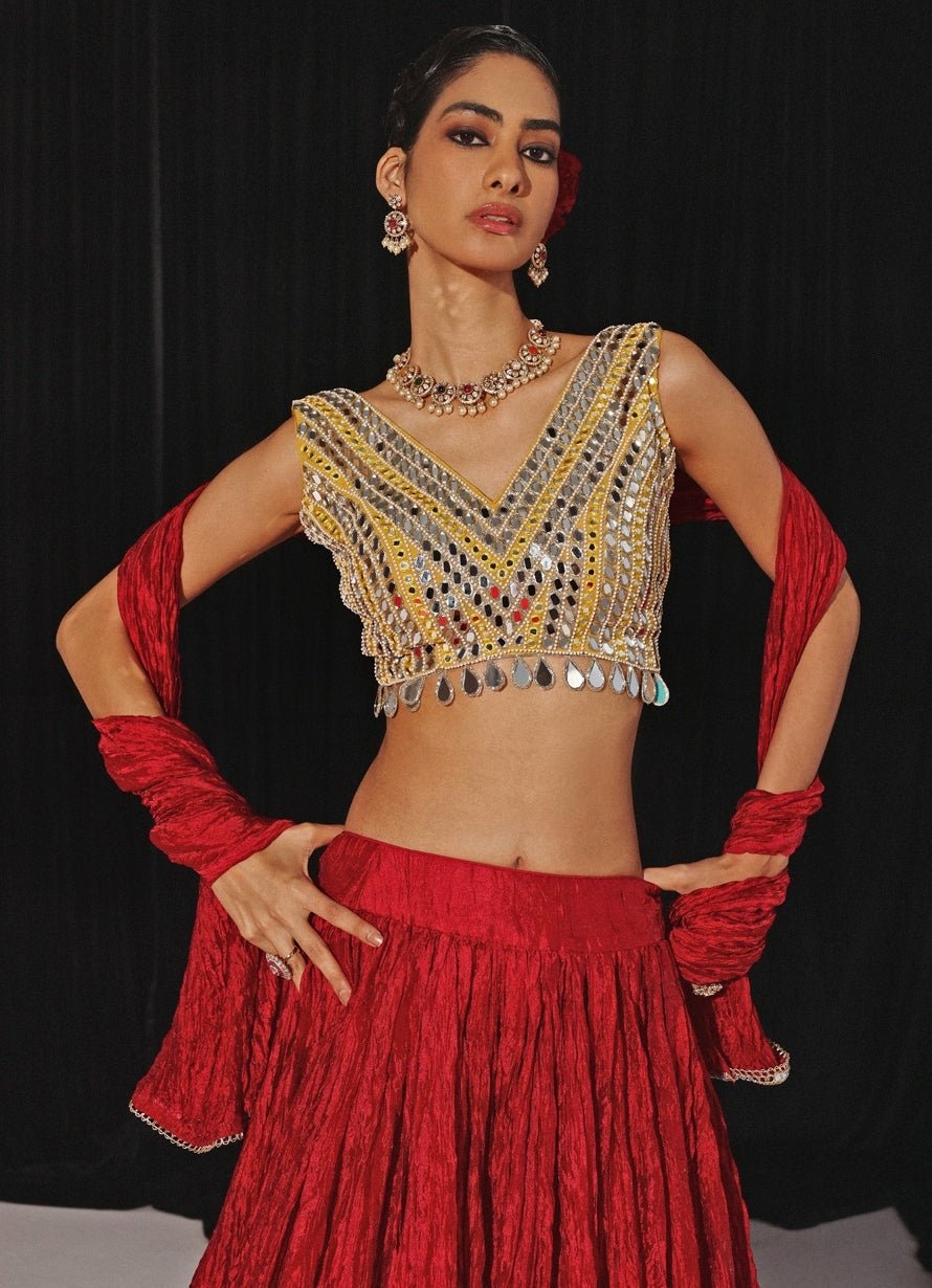 Red Silk Lehenga Set With Mirrorwork Blouse Twenty Nine - Fabilicious Fashion