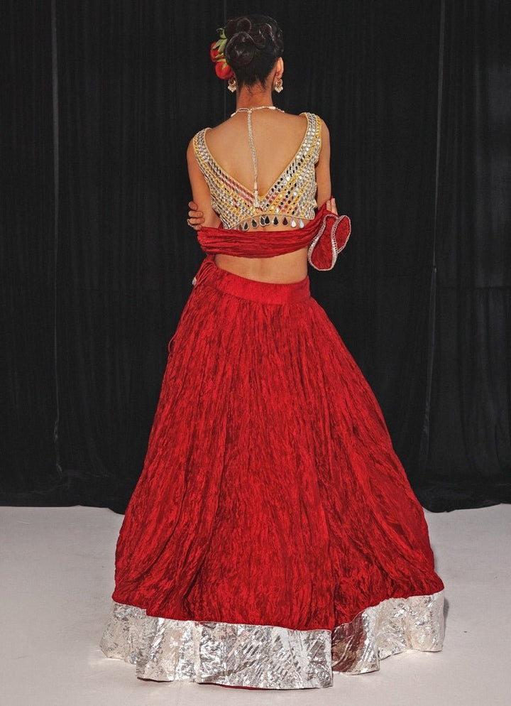 Red Silk Lehenga Set With Mirrorwork Blouse Twenty Nine - Fabilicious Fashion