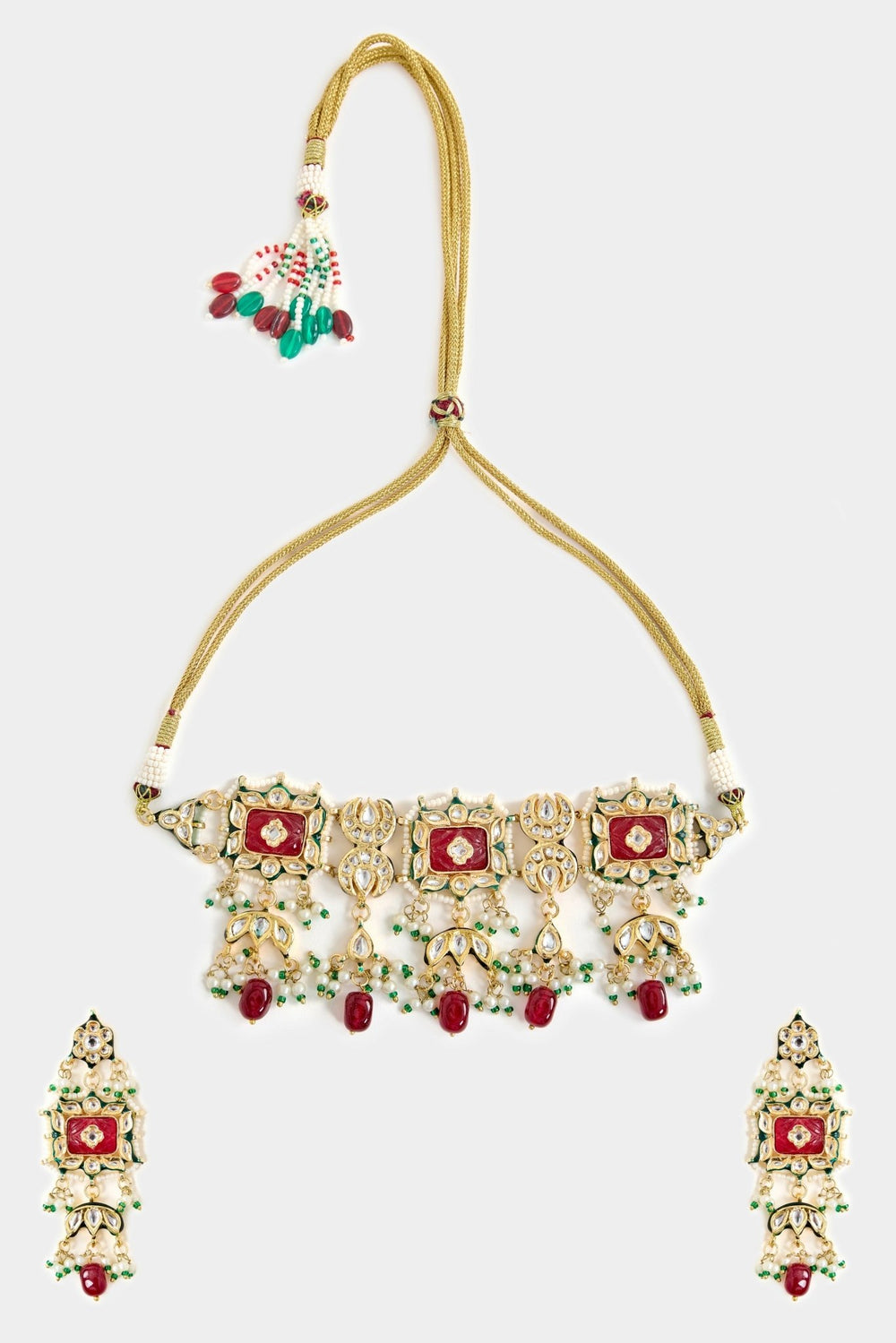 Red Stone And Pearls Gold Tone Choker Necklace Set Vivinia By Vidhi Mehra - Fabilicious Fashion