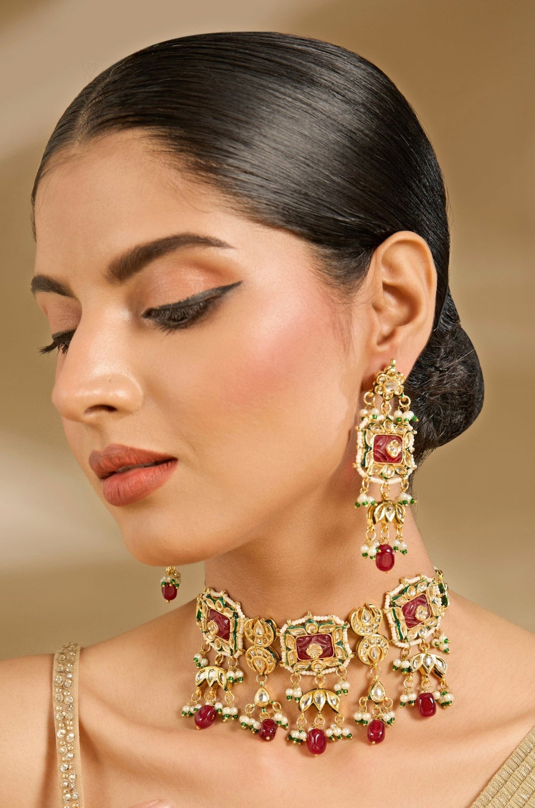 Red Stone And Pearls Gold Tone Choker Necklace Set Vivinia By Vidhi Mehra - Fabilicious Fashion
