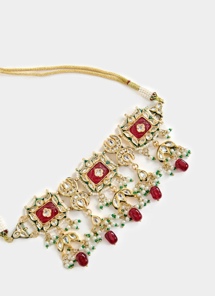 Red Stone And Pearls Gold Tone Choker Necklace Set Vivinia By Vidhi Mehra - Fabilicious Fashion