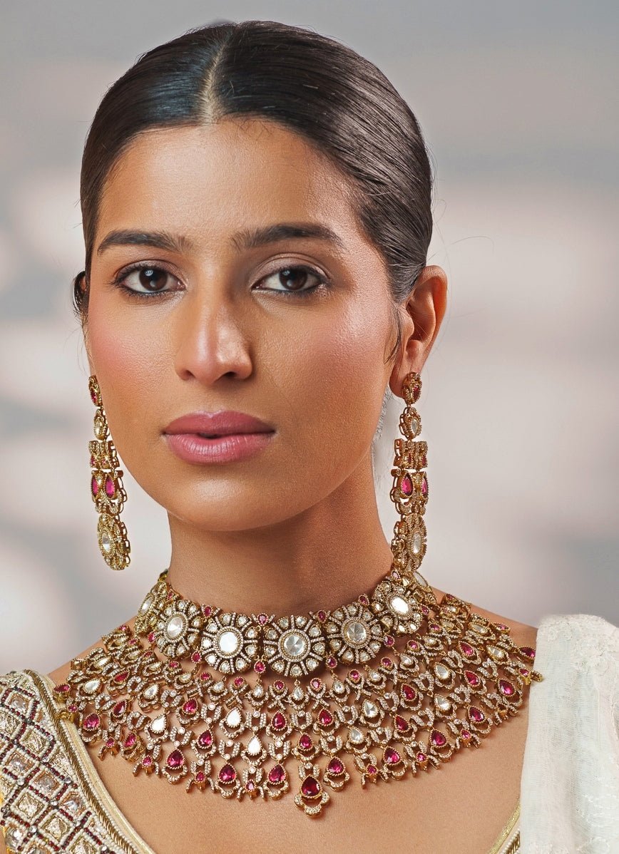 Red Stone And Polki Bridal Two Tone Necklace Set Zevar by Geeta - Fabilicious Fashion