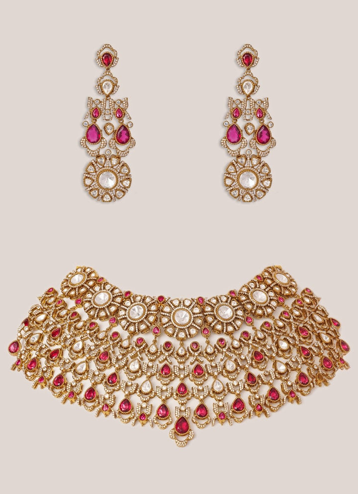 Red Stone And Polki Bridal Two Tone Necklace Set Zevar by Geeta - Fabilicious Fashion