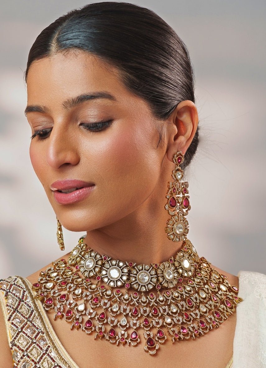 Red Stone And Polki Bridal Two Tone Necklace Set Zevar by Geeta - Fabilicious Fashion