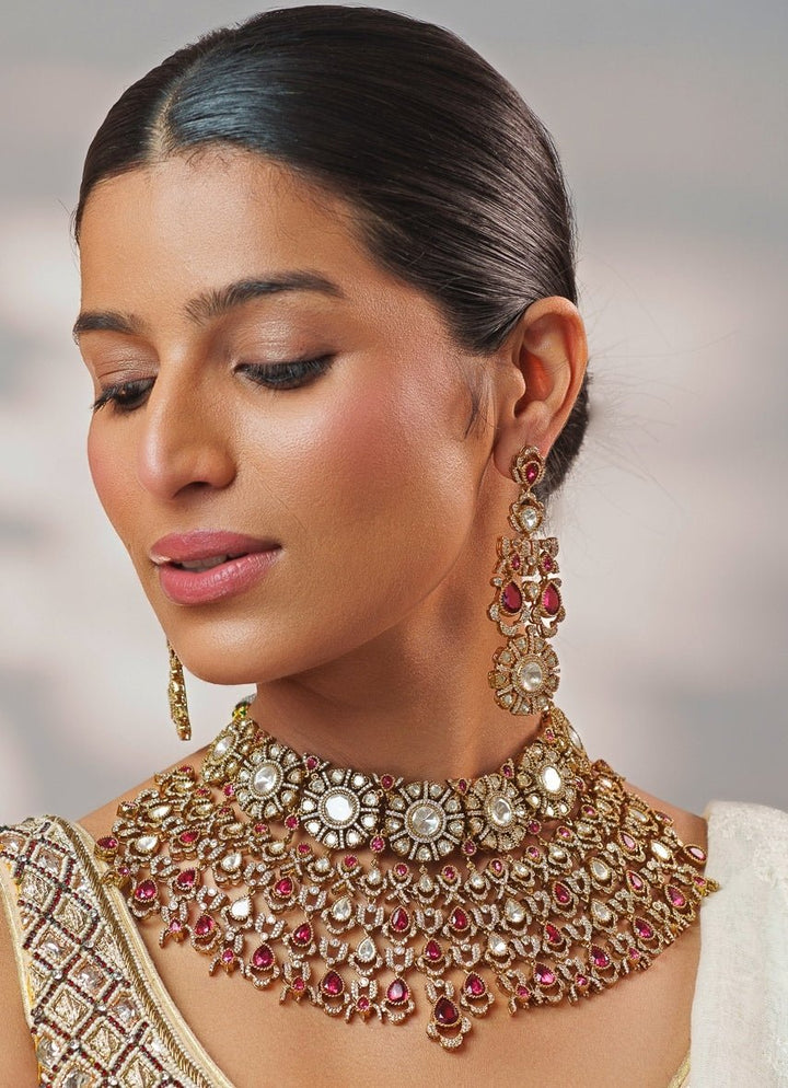 Red Stone And Polki Bridal Two Tone Necklace Set Zevar by Geeta - Fabilicious Fashion
