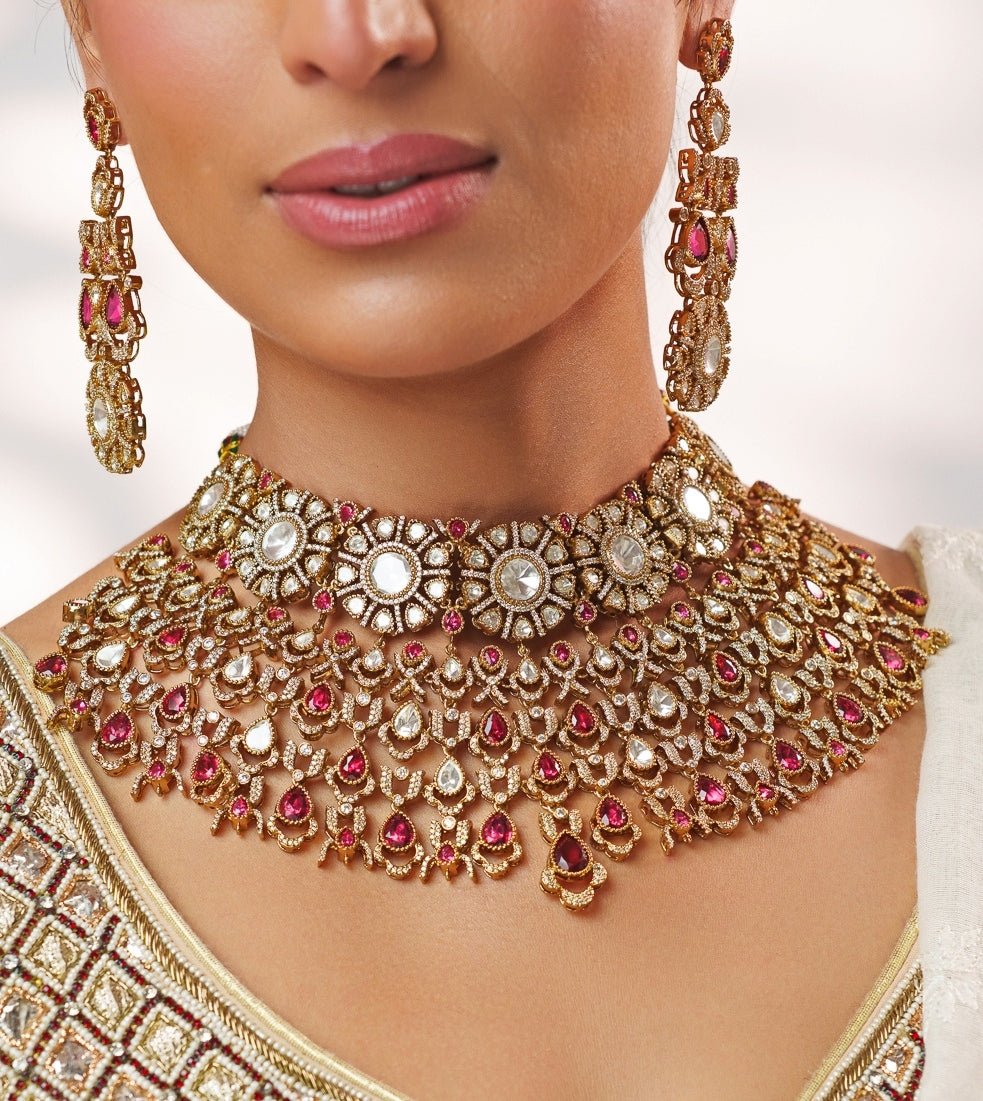 Red Stone And Polki Bridal Two Tone Necklace Set Zevar by Geeta - Fabilicious Fashion