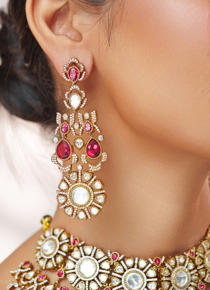 Red Stone And Polki Bridal Two Tone Necklace Set Zevar by Geeta - Fabilicious Fashion